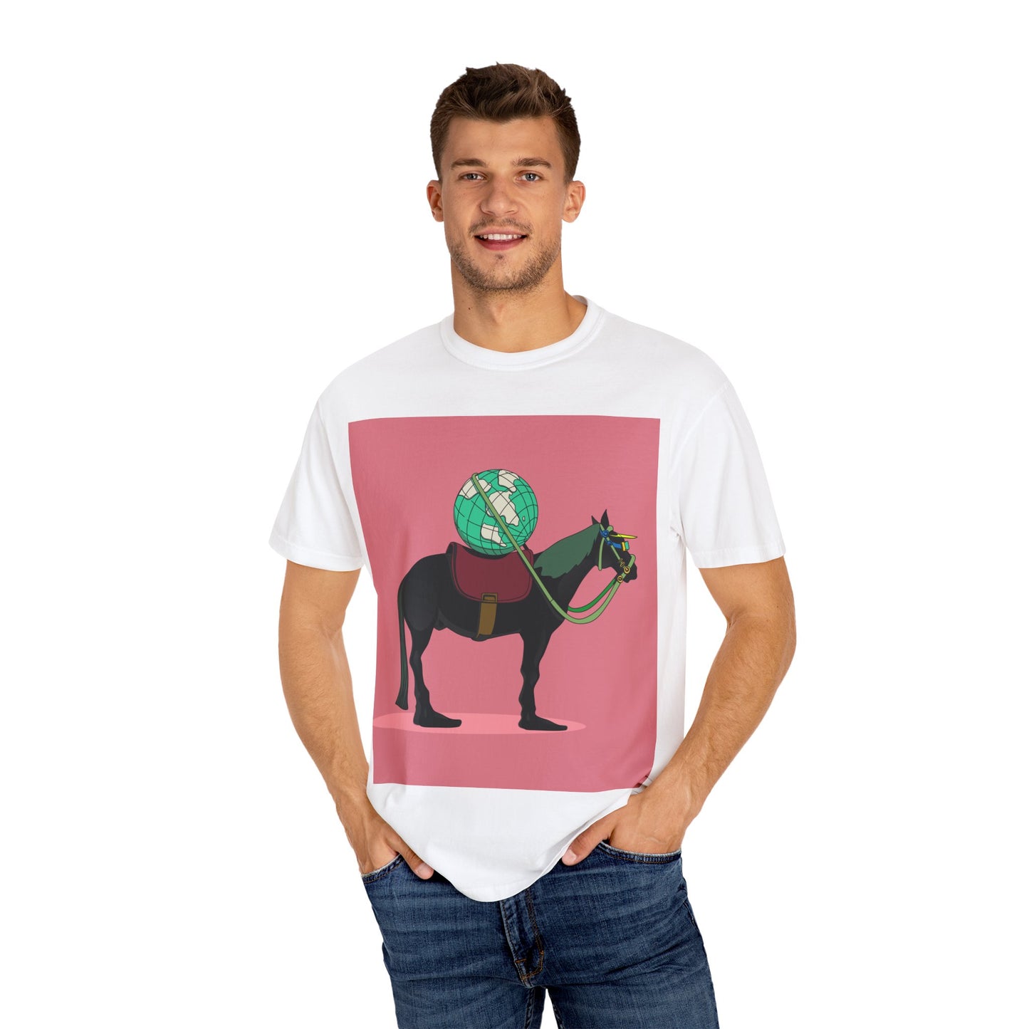 Horse-Themed Unisex Garment-Dyed T-Shirt with Mosaic Design