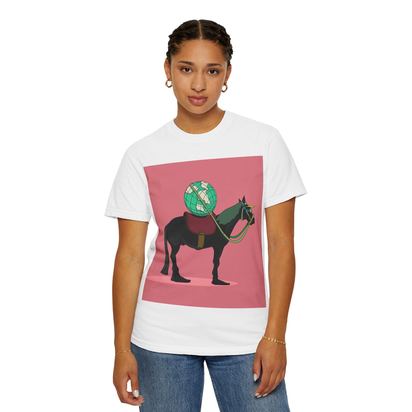 Horse-Themed Unisex Garment-Dyed T-Shirt with Mosaic Design