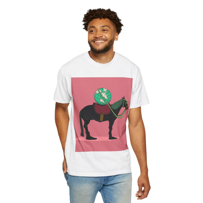Horse-Themed Unisex Garment-Dyed T-Shirt with Mosaic Design